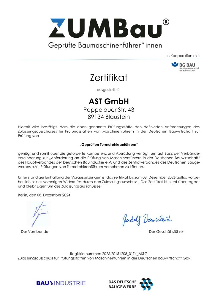 ZUM Bau Zertifikat Turmdrehkran.