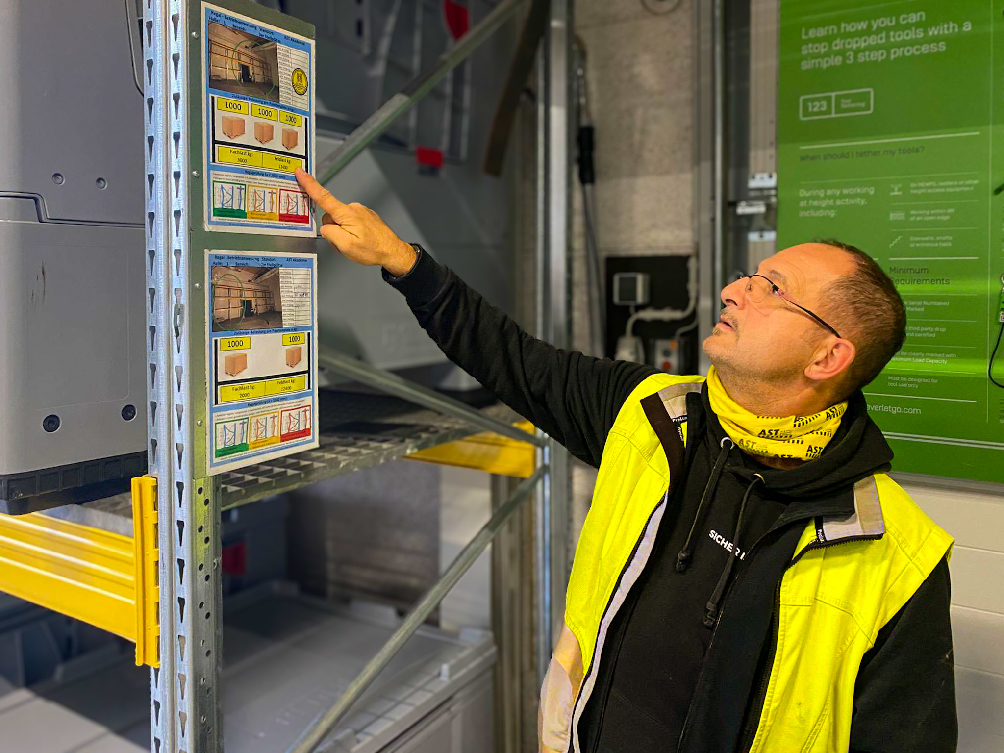 Befähigte Person kontrolliert Kennzeichnungen an einem Palettenregal.